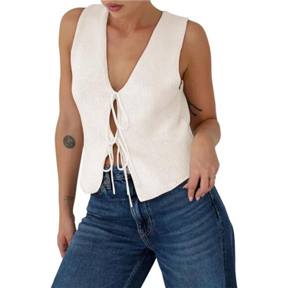 ✨ Tie Front Knit Sweater Vest – Crochet Ribbed Sleeveless Tank Top - Picture 3 of 4